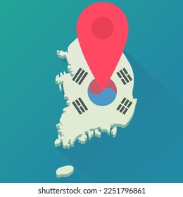 3d map in flat design style of south korea in the colors of the korean flag on which a red location marker is placed to indicate a destination