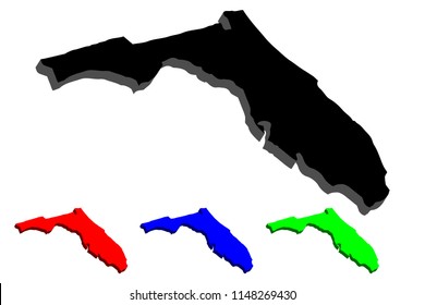 3D map of Florida (United States of America, The Sunshine State) - black, red, blue and green - vector illustration