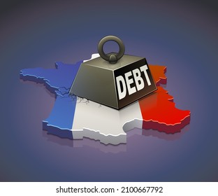 3D map of France with its flag with a metal weight representing debt on a dark background