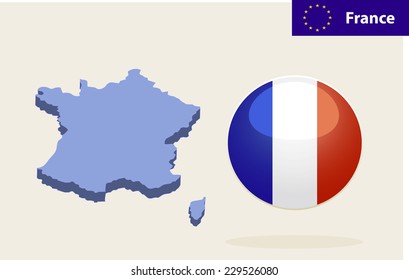 3D Map of France. Vector - France Flag Glossy Button