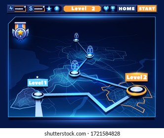 3D map of game levels in the form of a futuristic city. Line map and game ui elements in a dark background. Vector illustration.