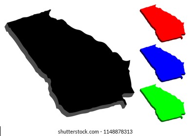 3D map of Georgia (United States of America, U.S. state) - black, red, purple, blue and green - vector illustration