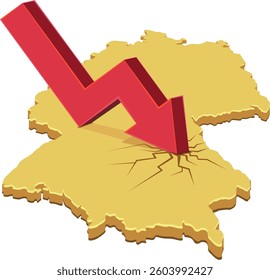 3D map of Germany with a downward arrow making cracks on the map (cut out)