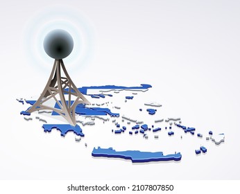 3D map of Greece in the color of the Greek flag with an antenna on top