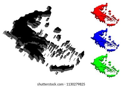 3D map of Greece (Hellenic Republic, Hellas) - black, red, blue and green - vector illustration