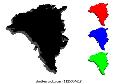 3D map of Greenland - black, red, blue and green - vector illustration