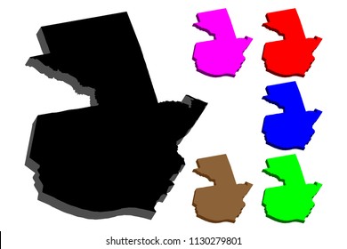3D map of Guatemala (Republic of Guatemala) - black, red, blue, purple, brown and green - vector illustration