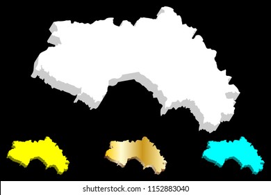3D map of Guinea (Republic of Guinea, Guinea-Conakry) -  white, yellow, blue and gold - vector illustration
