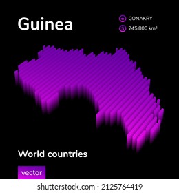 Mapa 3d de Guinea. El mapa isométrico del vector estilizado a rayas de Guinea está en colores neón violeta sobre fondo negro