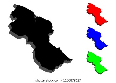 3D map of Guyana (Co-operative Republic of Guyana) - black, red, blue, and green - vector illustration