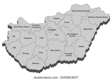 3D Map of Hungary with Regional Boundaries, Editable Scalable Vector Illustration, Isolated on White Background for Infographics