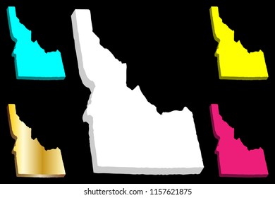 3D map of Idaho (United States of America, Gem State) - white, yellow, purple, blue and gold - vector illustration