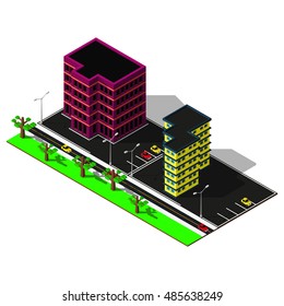 3d map. Map includes buildings, business center, offices, cars, parkings, markings and greenery. Isometric map elements.