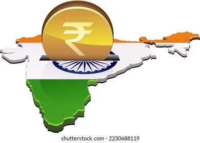 3d map of India in the colors of the Indian flag with the symbol of the Chakra of ashoka in which a gold coin with the symbol of the rupee is inserted (cut out)