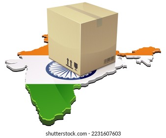 3D map of India in the colors of the Indian flag on which a cardboard parcel is placed (cut out)