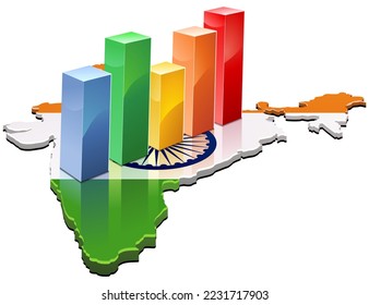 3D map of India in the colors of the Indian flag with colored statistics bars on it (cut out)