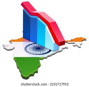 3D map of India in the colors of the Indian flag on which are laid bars of a graph with a falling red curve (cut out)