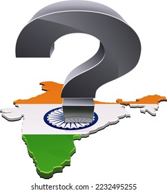 Mapa 3D de la India en los colores de la bandera india con un signo de interrogación metálico (tachado)