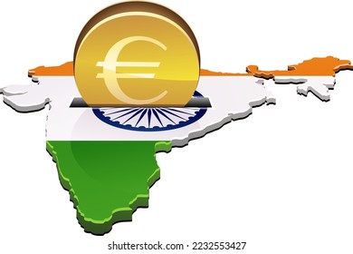 3D map of India in the colors of the Indian flag with a coin with the euro currency symbol inserted into a slot like a piggy bank (cut out)