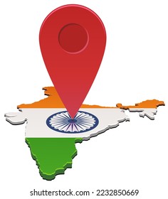 Mapa 3D de la India en los colores de la bandera india con el símbolo de la chakra en el que se coloca un marcador de ubicación de mapa rojo (corte)