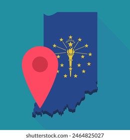 3D map of Indiana in the colors of the Indiana state flag in a flat design style on which a red map marker is positioned to indicate a geographic location