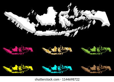 3D map of Indonesia (Republic of Indonesia) -  white, yellow, purple, brown, green, blue and gold - vector illustration