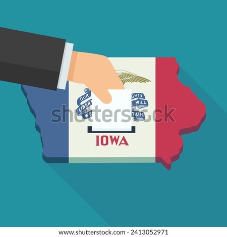 3D map of Iowa in the colors of the Iowa State flag in a flat design style isolated on a blue background with a shadow in which a hand places a ballot paper
