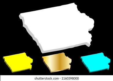 3D map of Iowa (United States of America, Hawkeye State) - white, yellow, blue and gold - vector illustration