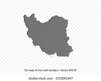 Mapa 3D de Irán con fronteras aisladas en fondo transparente, ilustración de vectores