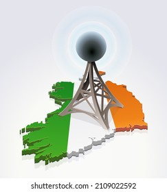 3D map of Ireland in the colors of the Irish flag with an antenna on a white background