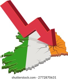 3D map of Ireland with national flag being struck by a falling red arrow causing cracks, representing economic crash, financial recession and market instability (cut out)