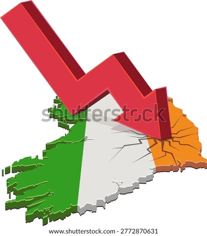 3D map of Ireland with national flag being struck by a falling red arrow causing cracks, representing economic crash, financial recession and market instability (cut out)