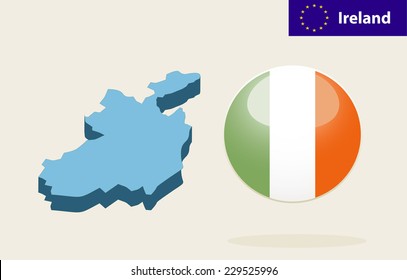 3D Map of Ireland.Vector - Ireland Flag Glossy Button