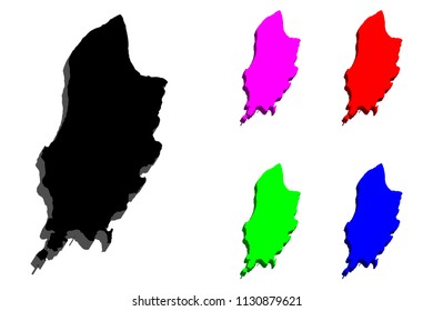 3D map of Isle of Man - black, red, purple, blue and green - vector illustration