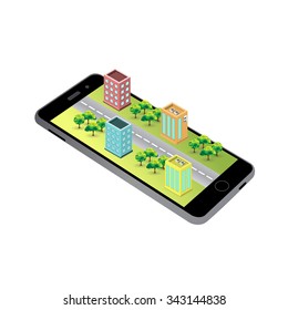 3D map (Isometric buildings) on the screen of the smartphone.