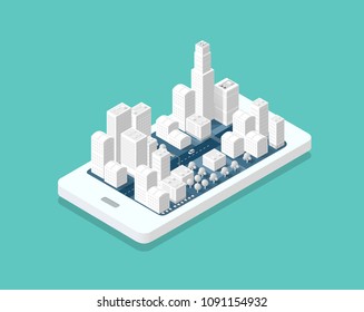 3d map isometric city of mobile navigator of location sign on street direction. Concept illustration of technology navigation for travel and business background.