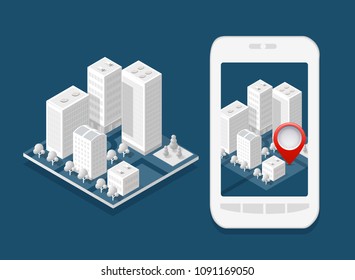 3d map isometric city of mobile navigator of location sign on street direction. Concept illustration of technology navigation for travel and business background.