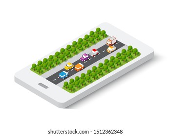 3D map of isometric city mobile phone on the street. Navigation technology concept for travel and business background.