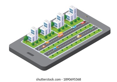 3D-Karte des isometrischen Handys der Stadt auf der Straße. Navigationstechnologie-Konzept für Reise- und Geschäftshintergrund.