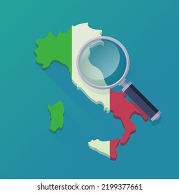 3D map of Italy in the colors of the Italian flag on a blue background with a shadow in flat design style with a magnifying glass zooming in on part of the map (flat design)
