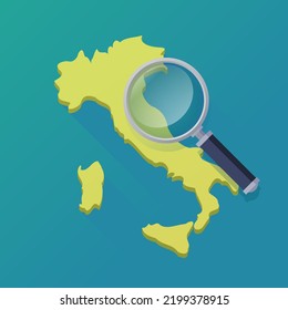 3D map of Italy in yellow on a blue background with a shadow in flat design style with a magnifying glass zooming in on part of the map