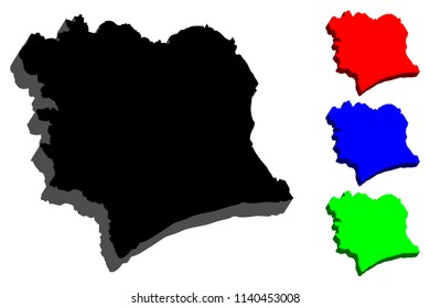 3D map of Ivory Coast (Republic of Côte d'Ivoire) - black, red, blue and green - vector illustration