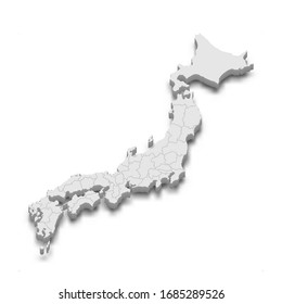 3d map of Japan with borders of regions