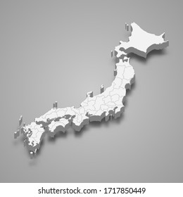 3d map of Japan with borders of regions