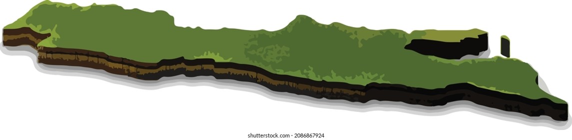 3D Map of Java Island (pulau jawa) of Indonesia Country. Realistic Green and Brown.  svg
