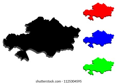 3D map of Kazakhstan (Republic of Kazakhstan) - black, red, blue and green - vector illustration