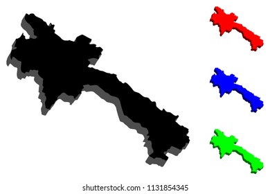 3D map of Laos (Lao People's Democratic Republic, Muang Lao) - black, red, blue and green - vector illustration