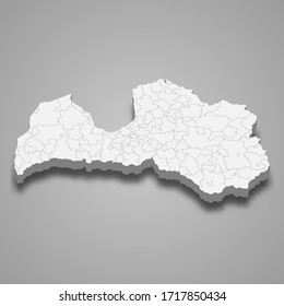 3d map of Latvia with borders of regions