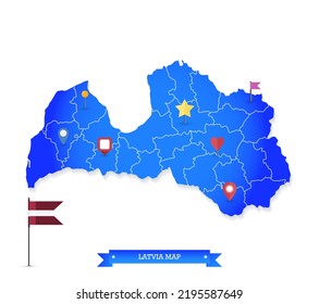 3D Map of Latvia on white and flat icons. Highly detailed vector illustration.