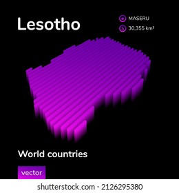 Mapa 3D de Lesoto. El mapa del vector isométrico estilizado a rayas está en colores neón violeta sobre fondo negro